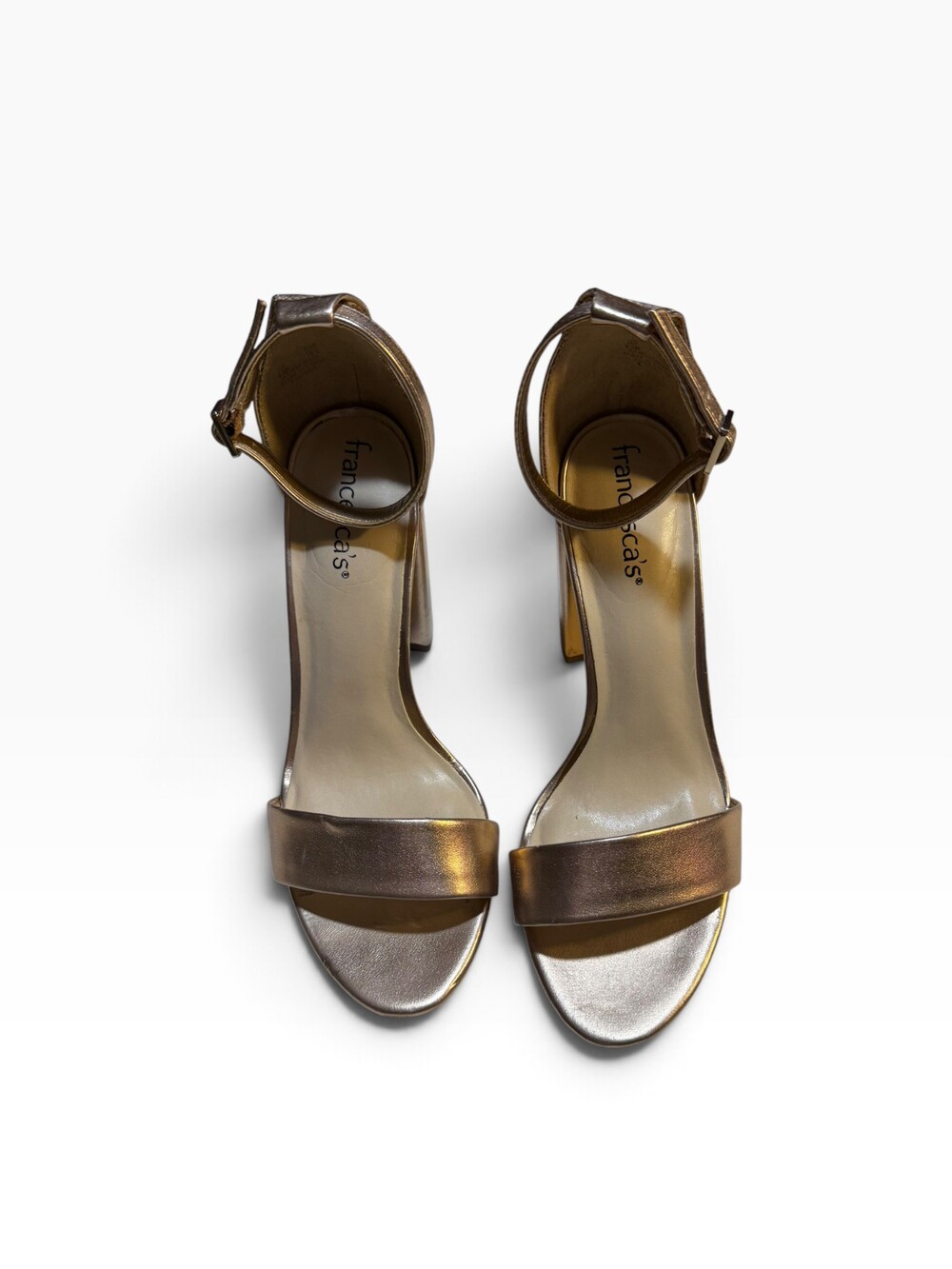 Francesca's Women's Rose Gold Metallic Ankle Strap Block Heel Sandals Size 6.5